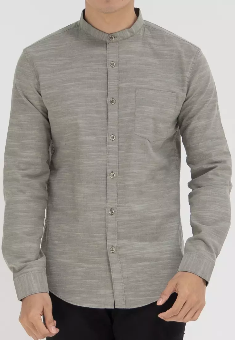 Kemeja collarless koko Slub olive OXCON TwoTone Sage