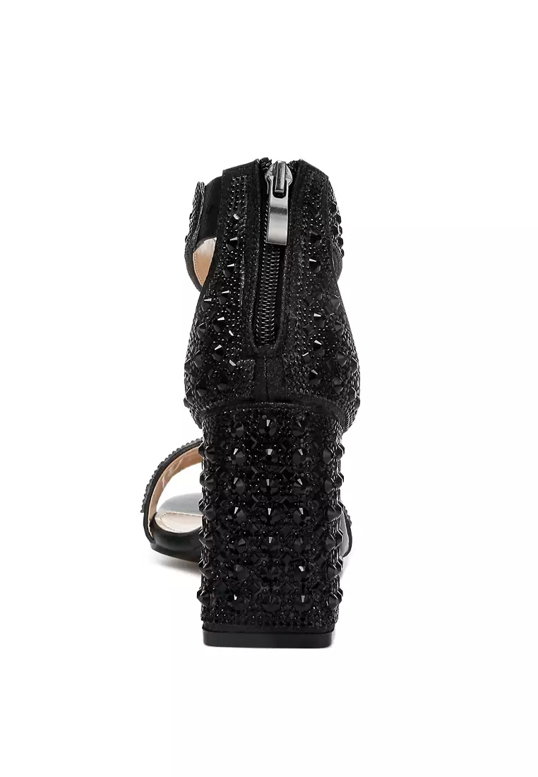 Rhinestones And Sequins Block Sandals in Black