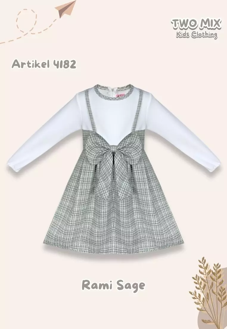 Two Mix Dress Anak Perempuan Bahan Kaos + Kain Katun usia 1-12 Tahun 4182 Sage
