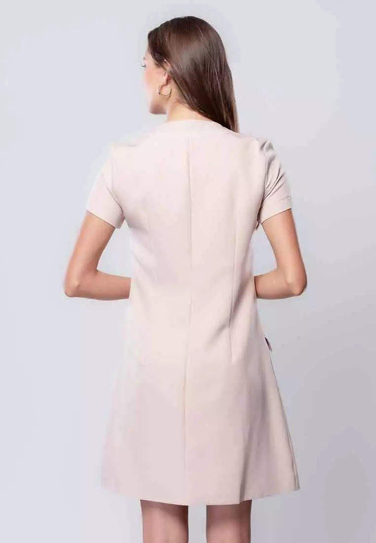Aveline Double-breasted Dress with Embroidered Fake Collar Detail and Pockets