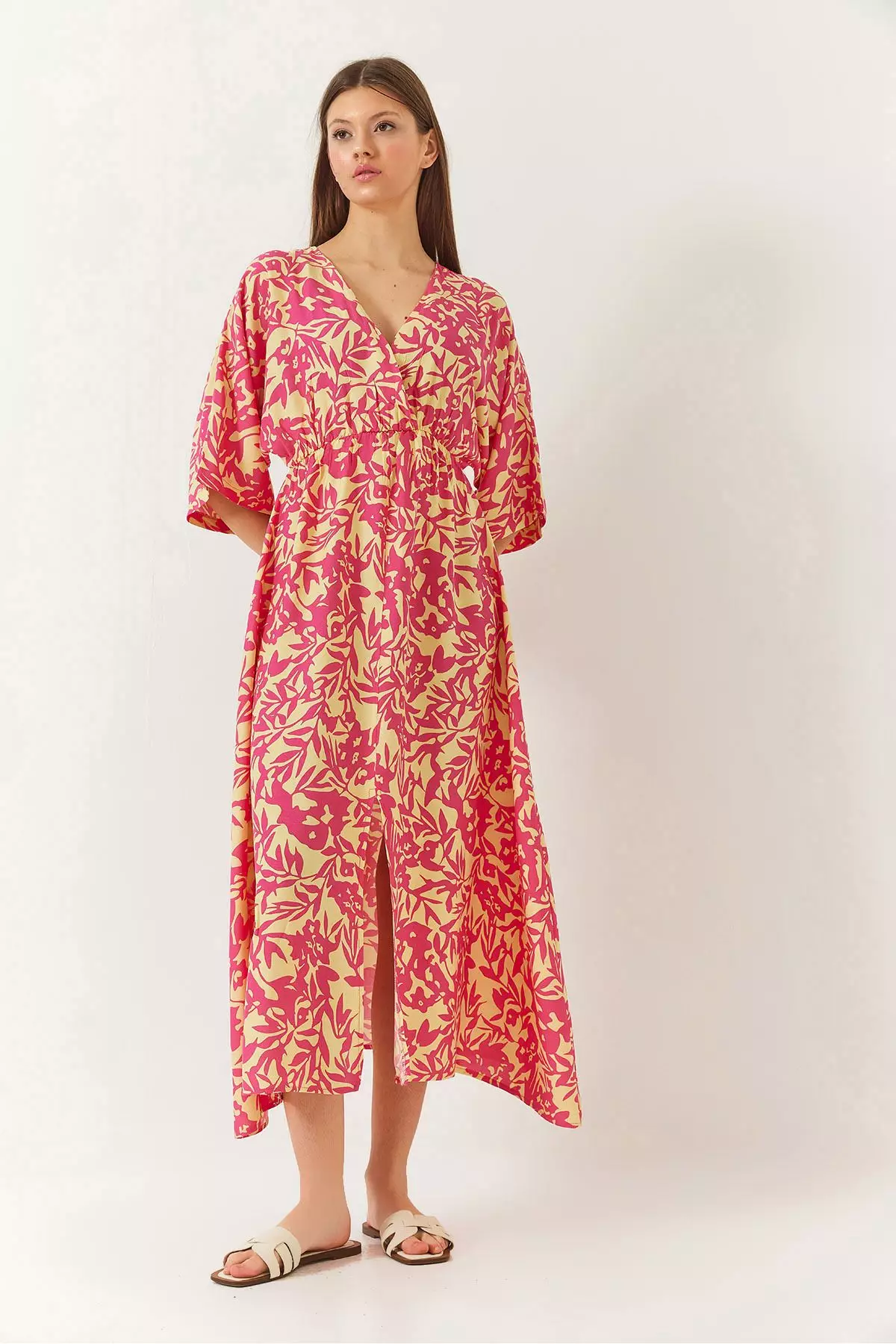 Women's Double Breasted V Neck Front Slit Detail Print Dress 60261411