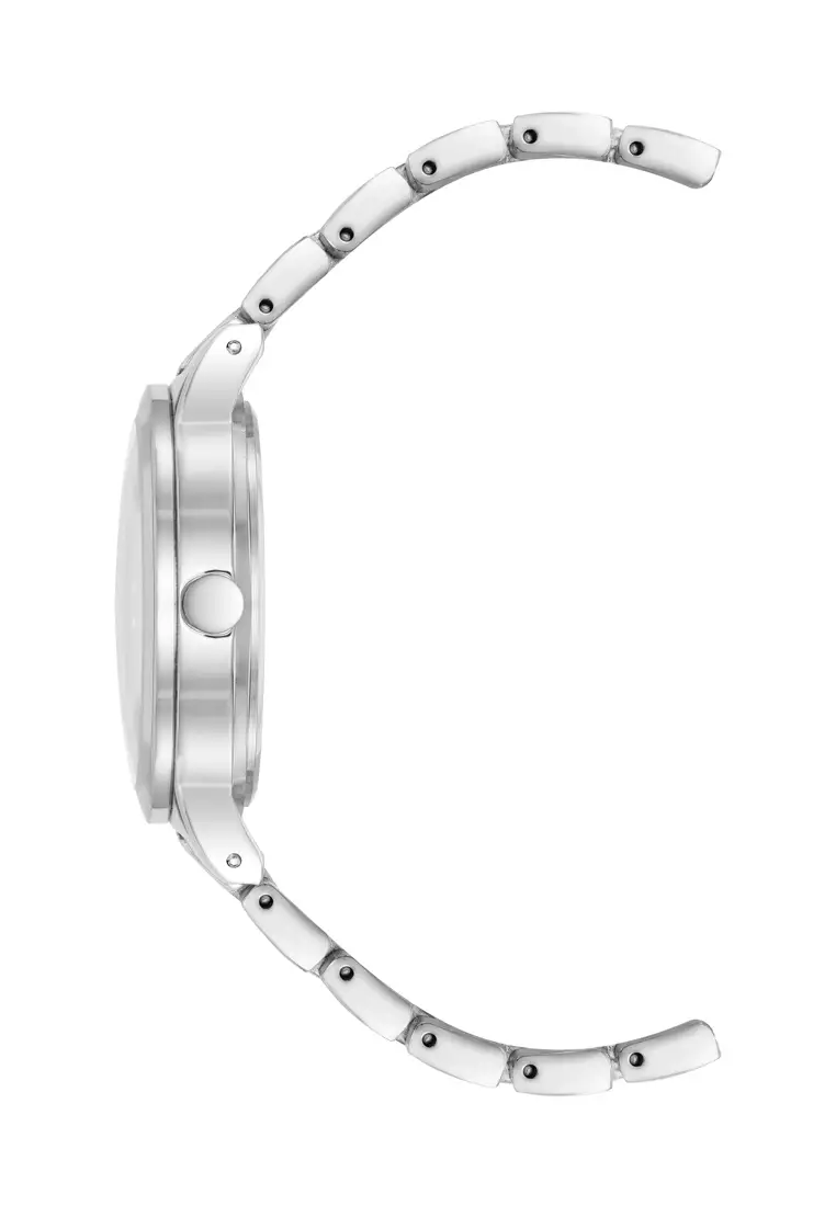 Nine West NW2225LPSV0000 silver tone round watch with light pink dial