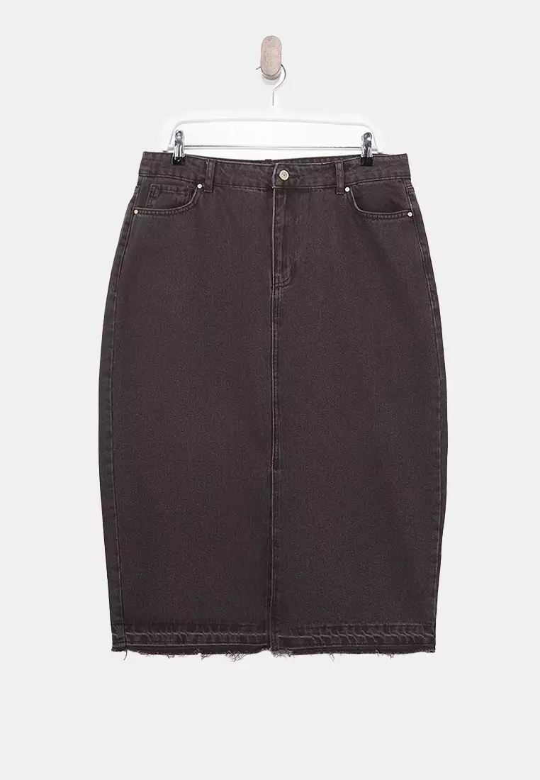 Brown Front Slit Midi Length %100 Cotton Non-Stretch Large Size Denim Skirt Tbbss23Az00054