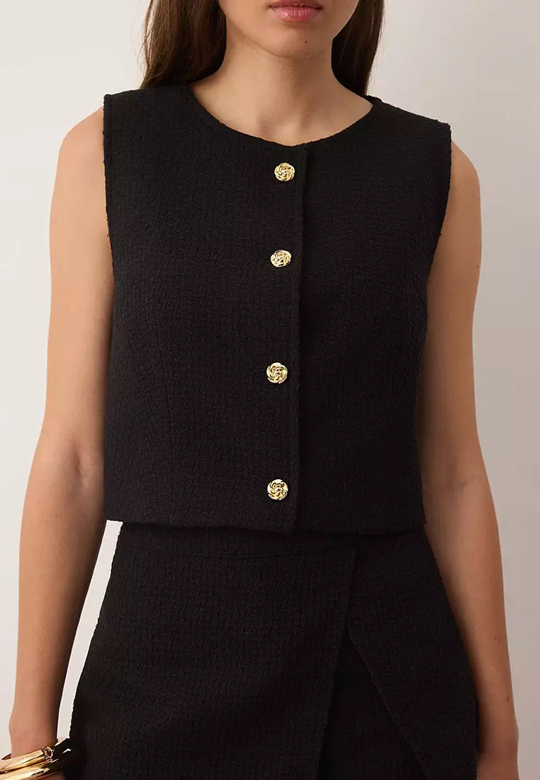 Black Accessory Buttoned Woven Tweed Vest Twoaw26Ye00019