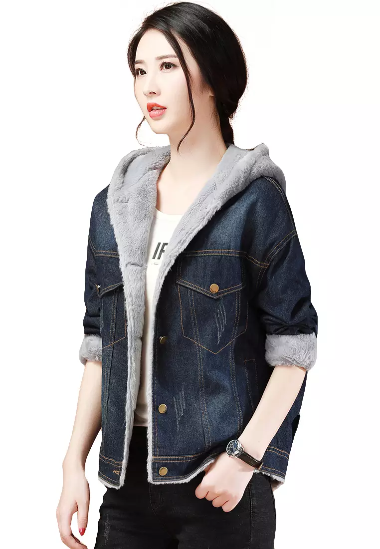 Embroidered Hooded And Velvet Denim Jacket