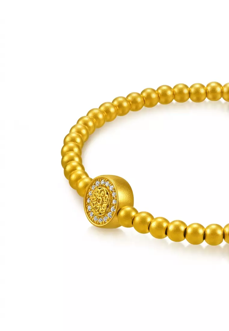 999.9 24K Pure Gold Cultural Blessings Diamond Lotus Motifs Bracelet for Women 14cm 94554B