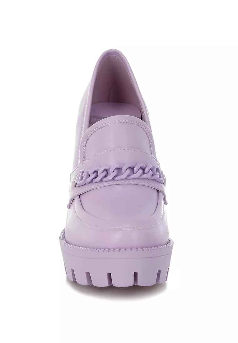 Sepatu Loafer Chunky Bertumit Rantai Warna Lilac