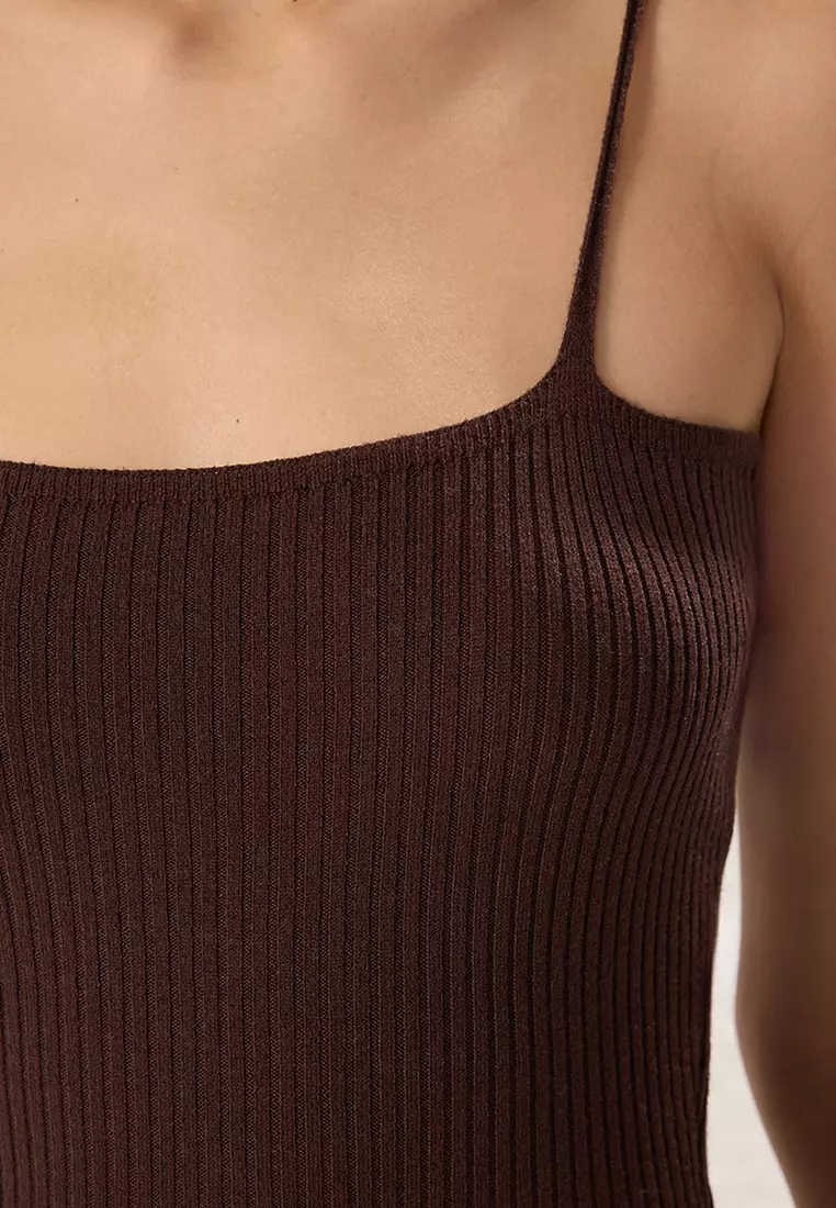 Brown Striped Midi Ribbed A-Line Dress TWOSS25EL00503