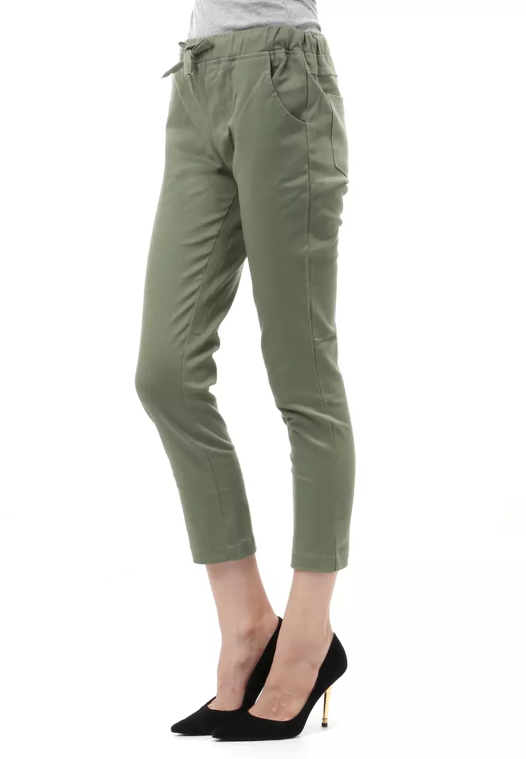 Long Pants Wanita Motif Solid Rubbery Waist Design Casual Regular Fit - Hijau