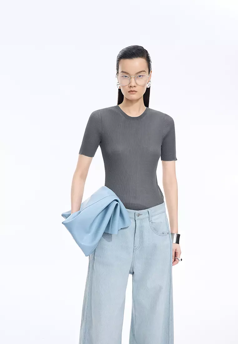 棉修身超薄款短袖套頭針織衫