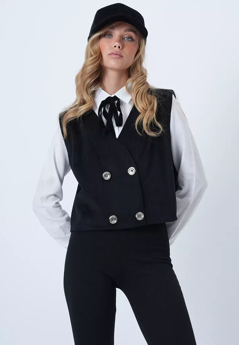 Double-Breasted Velvet Vest with Metal Buttons