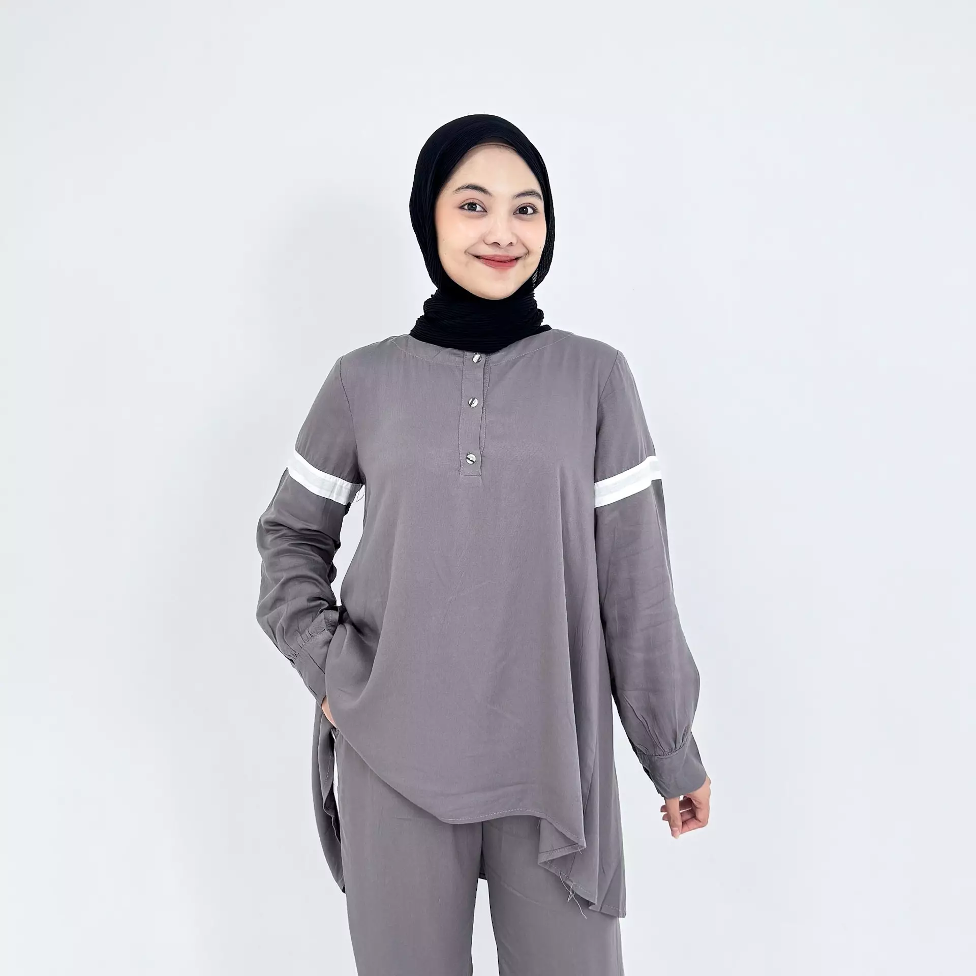Piyama Cotton Ica [ABU MUDA] SIZE L-XL Baju Tidur Long Sleeve Long Pants Sleepwear