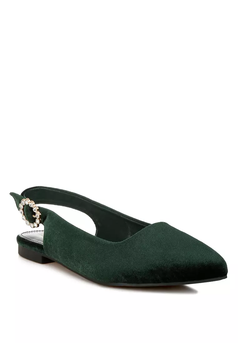 Velvet Slingback Flat Sandals in Green