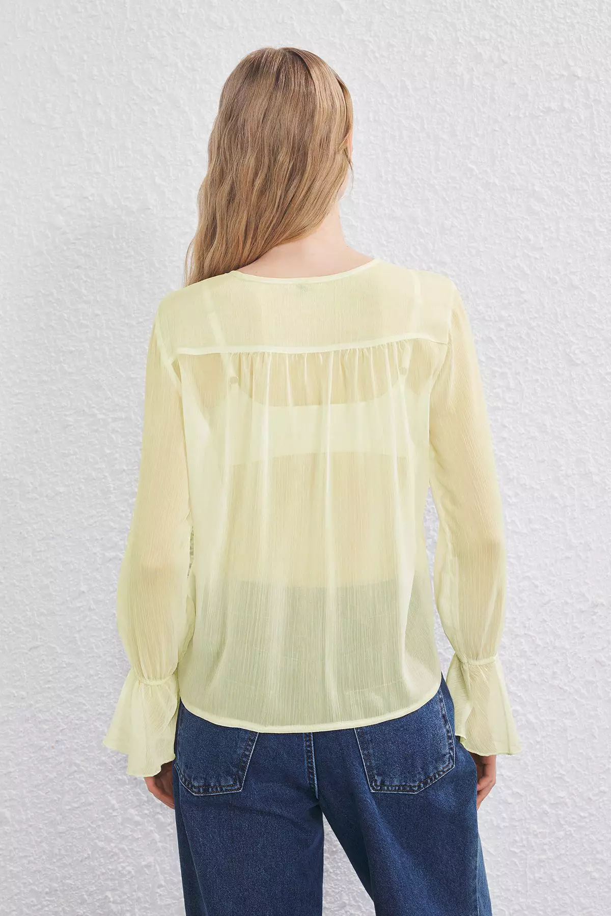 Light Yellow Chiffon Ruffle And Rubber Detail Shirt