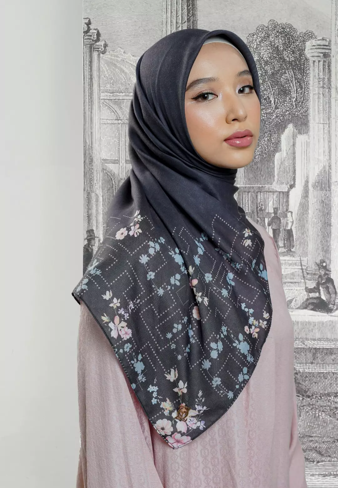 VIOLA Scarf Black - Kerudung Hijab Segiempat Motif With BOX - Bahan Nesla - Ukuran 115x115