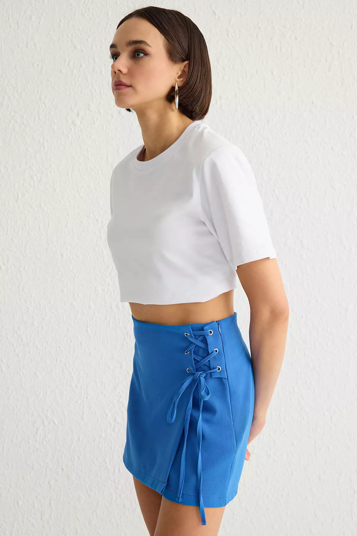 Dark Blue Tie And Eyelet Detail Woven Shorts Skirt