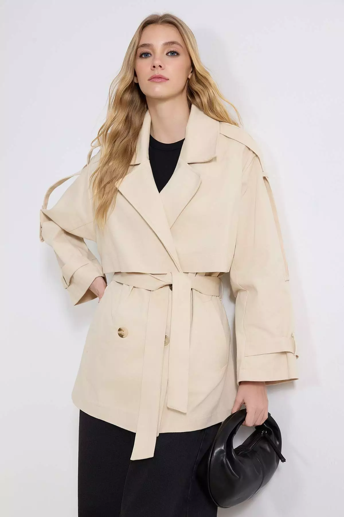 Stone Oversize Belted Double-Breasted Midi Trench Coat Twoss26Tr8