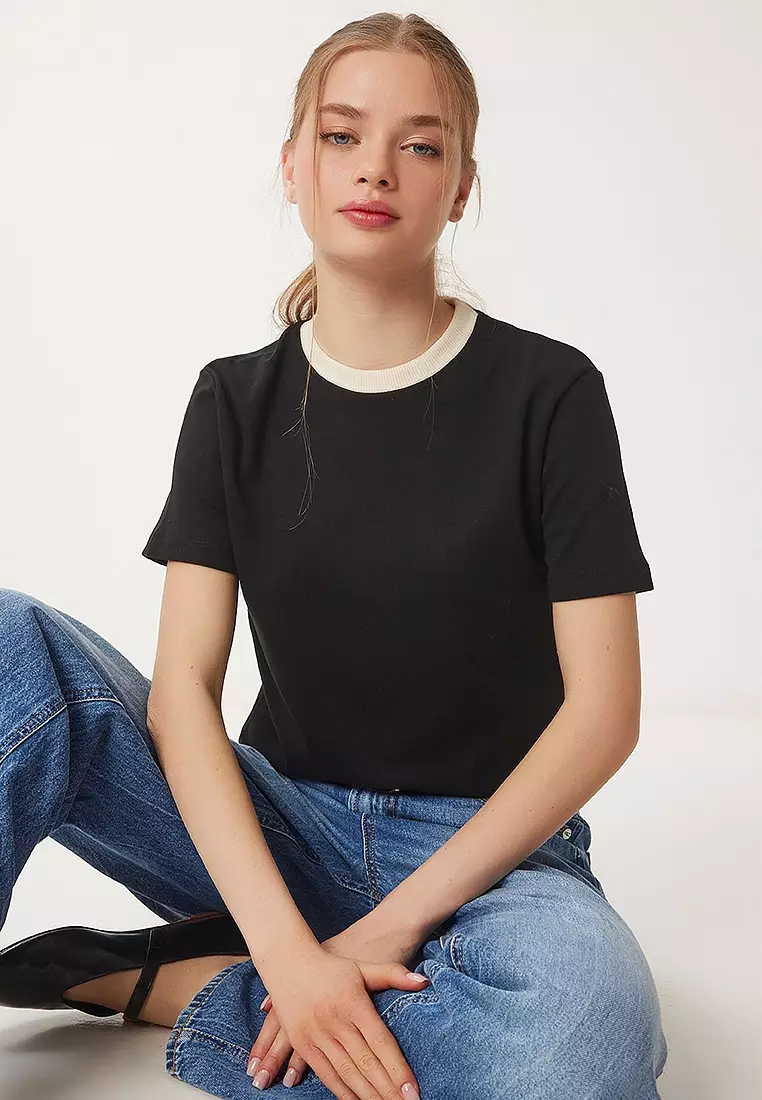 Contrast Color Cotton Knit T-Shirt