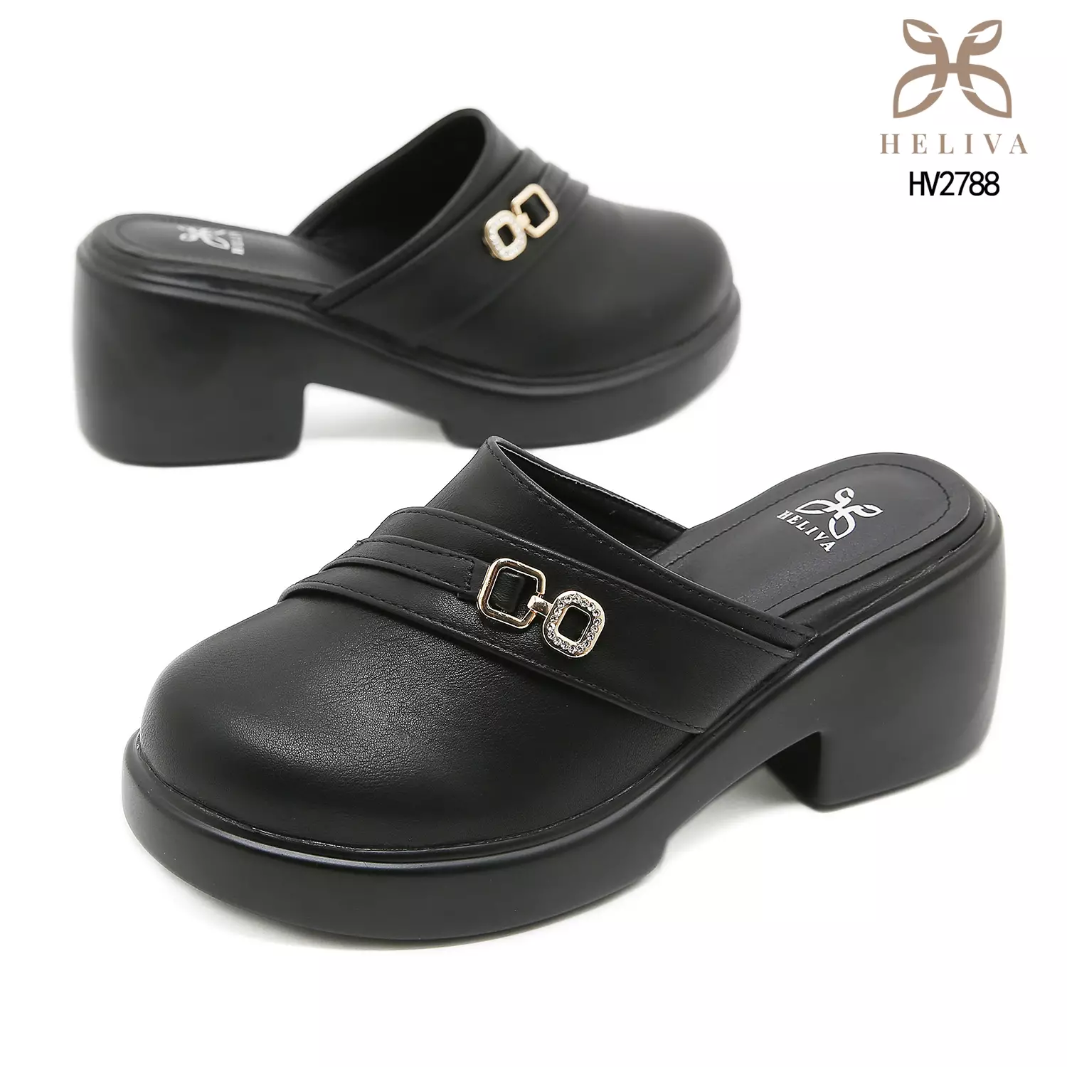 Heliva Verona Bold Heel Platform Mules with Metallic Chain Touch 7cm Elegance HV2788