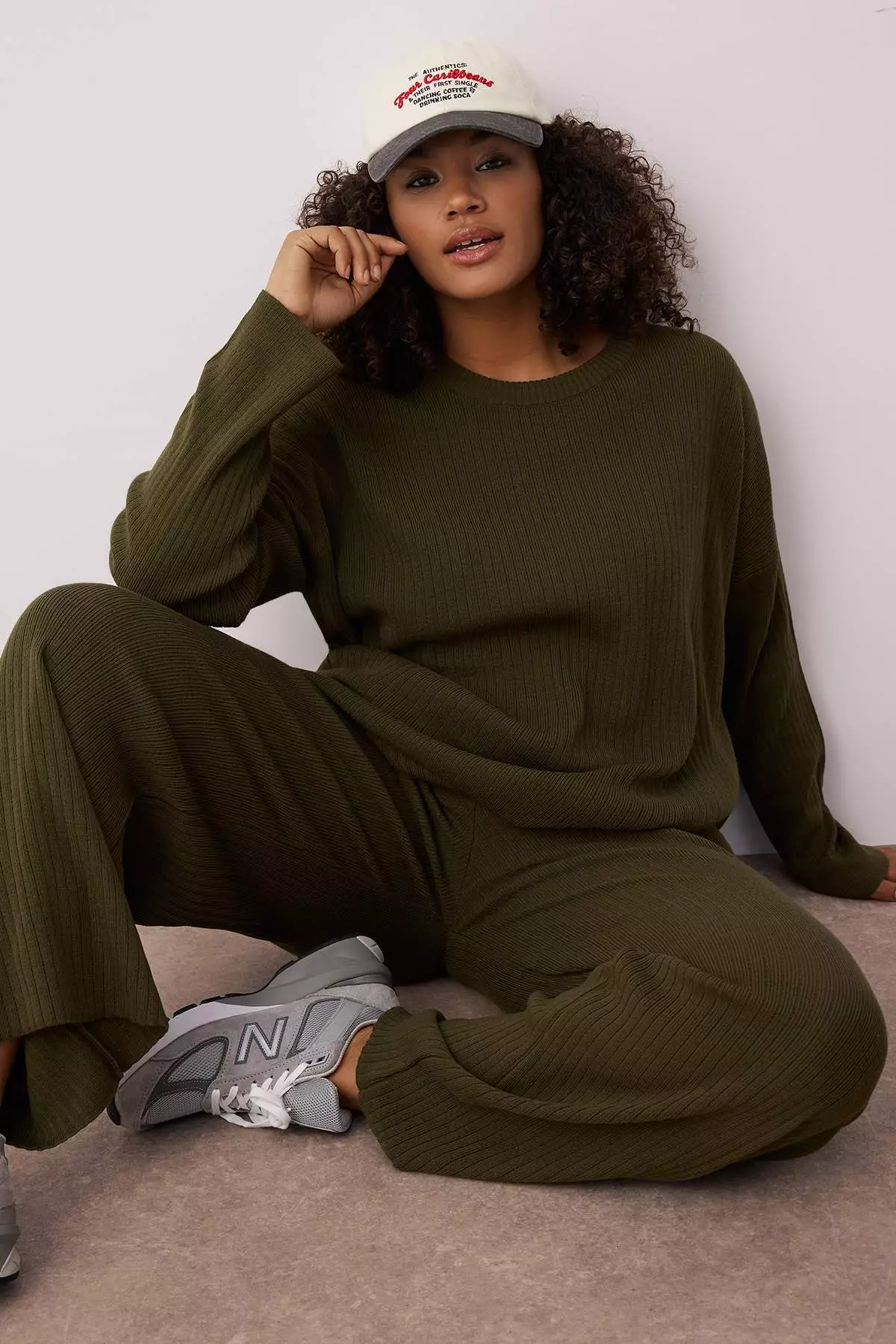 Khaki Corduroy Crew Neck Knitwear Sweater Pants Set Tbbaw23Cp00044