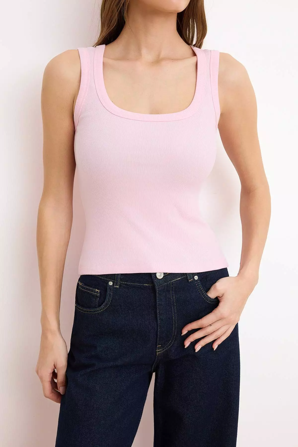 Light Pink Regular Pool Neckline Thick Strap Sleeveless Ribbed Stretchy Knitted Tank Top Twoss26Al28