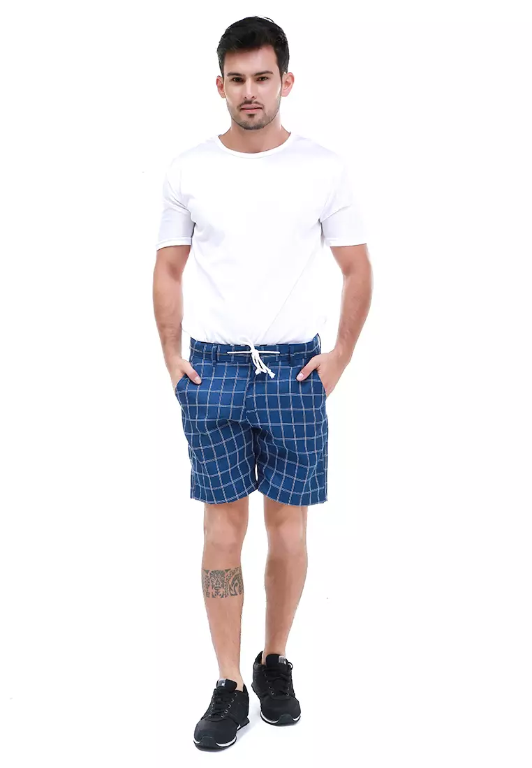 Rissham Celana Pendek Chino Pria Motif Tartan Casual Short Pants Material Cotton ORIGINAL - Navy