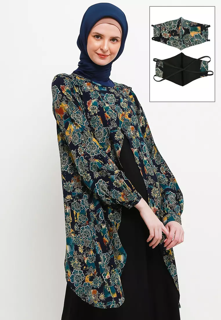 Eshe Maxi Dress In Green Batik Print W/ Mask