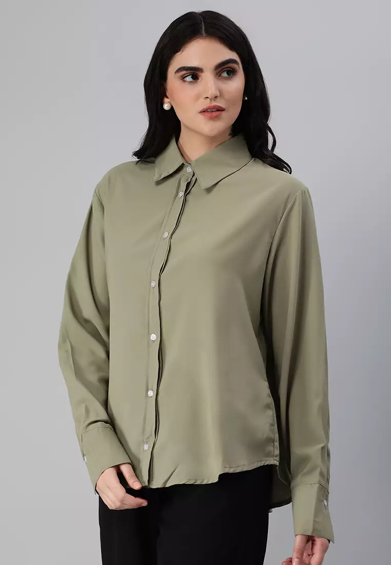 Sage Green Basic Long Sleeved Collared Shirt