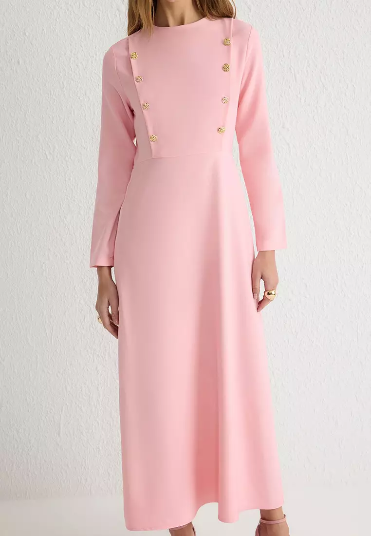 Light Pink Floral Buttoned Woven Dress TCTSS25EB00032