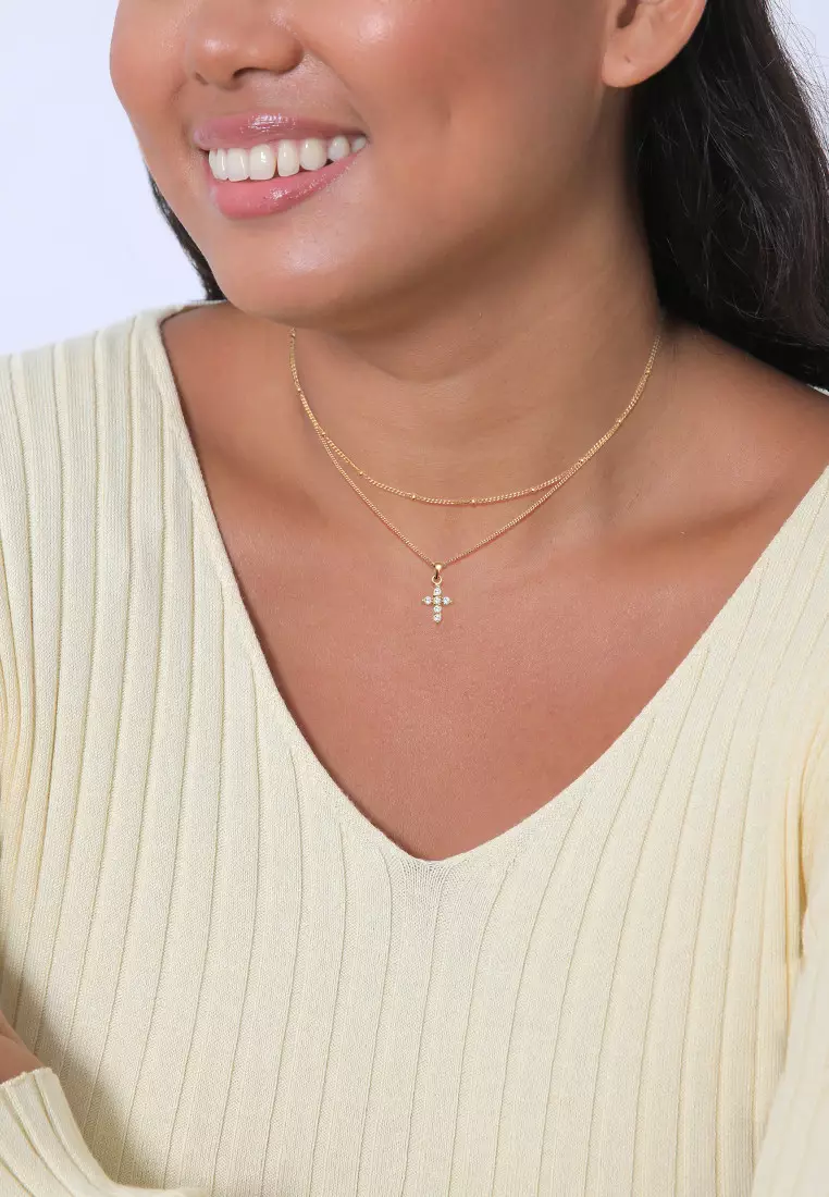 Kalung Perhiasan Perak 925 Wanita Choker Layer Cross Pendant Zirconia Gold Plated