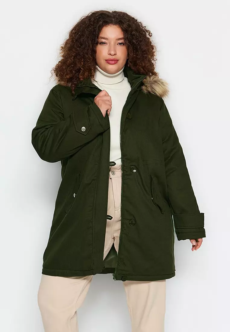 Buy Trendyol Plus Size Khaki Shearling Hooded Coat in Khaki 2024