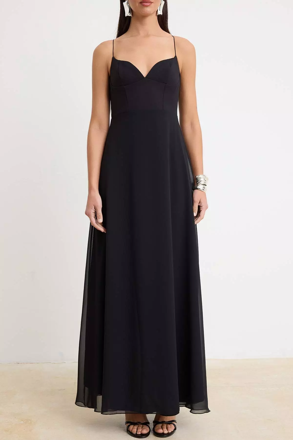Black Plain Woven Chiffon Maxi Evening Dress & Graduation Dress