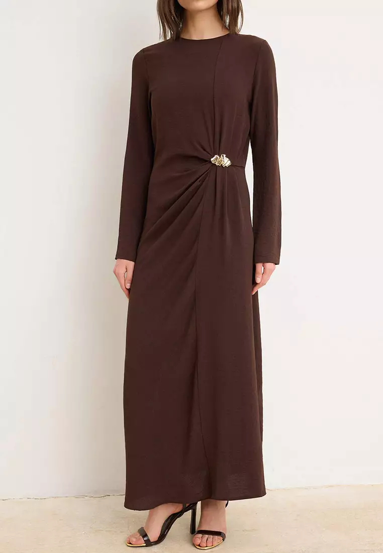 Brown Unlined Plain Woven Dress&Jumpsuit Aerobin Hijab Dress Tctss25Eb00138
