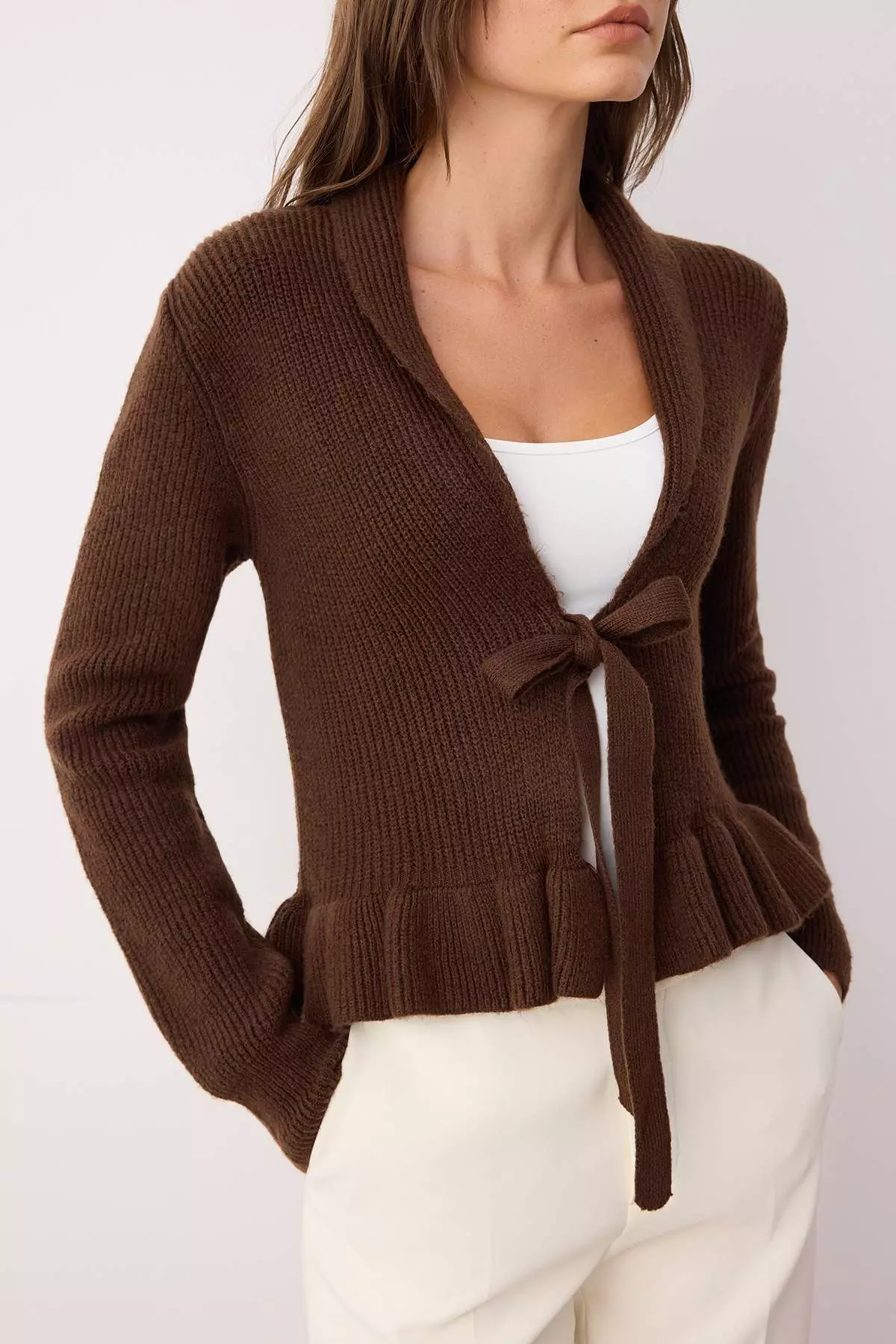 Brown Crop V Neck Soft Textured Flounced Knitwear Cardigan
