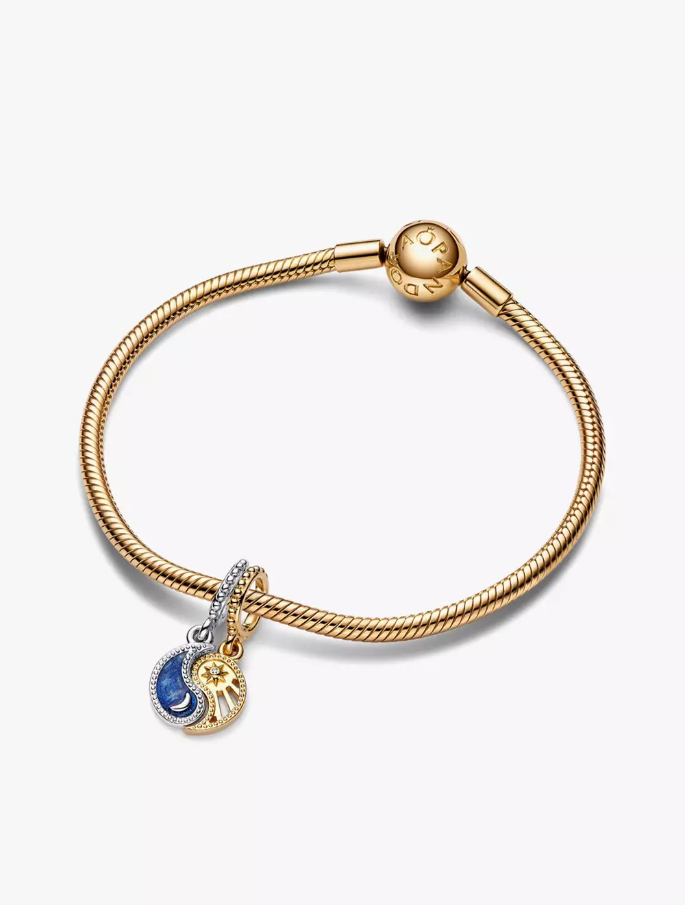 Yin yang sterling silver and 14k gold-plated splittable dangle with clear cubic zirconia and glittering shaded blue enamel