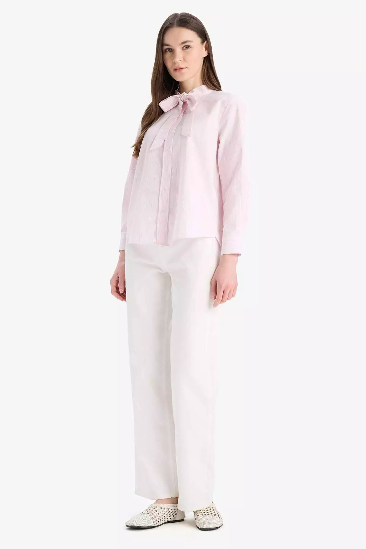 寬鬆剪裁 蝴蝶結領 間條 鋁絲織物 長袖 頭巾恤衫 長上衣 E7976Ax25Sm