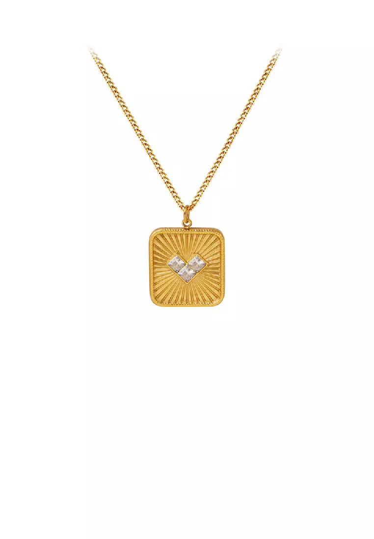 Fashion Simple Plated Gold 316L Stainless Steel Pattern Heart shaped Square Pendant with White Cubic Zirconia and Necklace