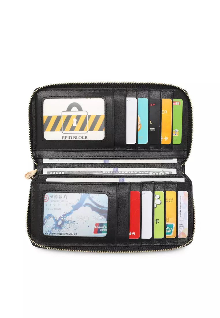 Genuine Leather Zipper Long Wallet - Black