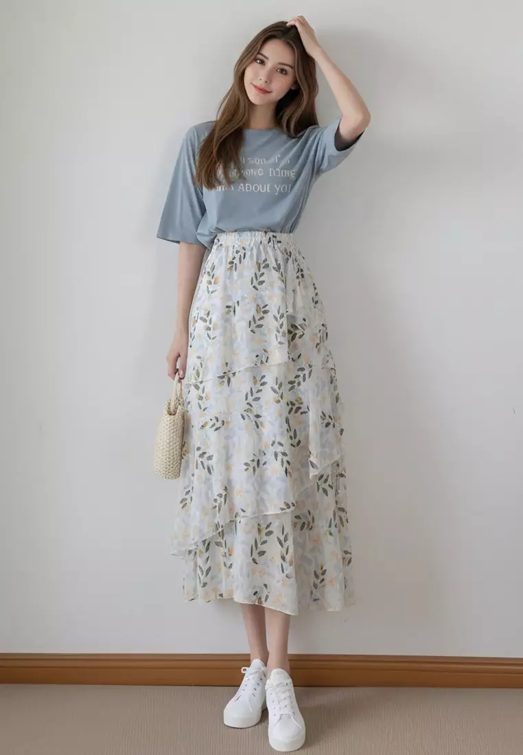 Floral Printed Ruffle Chiffon Skirt