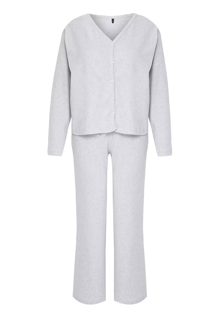 Brushed Soft Ribbed Cardigan Knitted Pajama Set