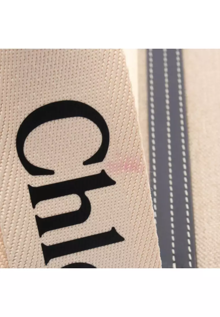 Pre-Loved Chloé WOODY Woody Medium Shoulder bag tote bag canvas leather beige black