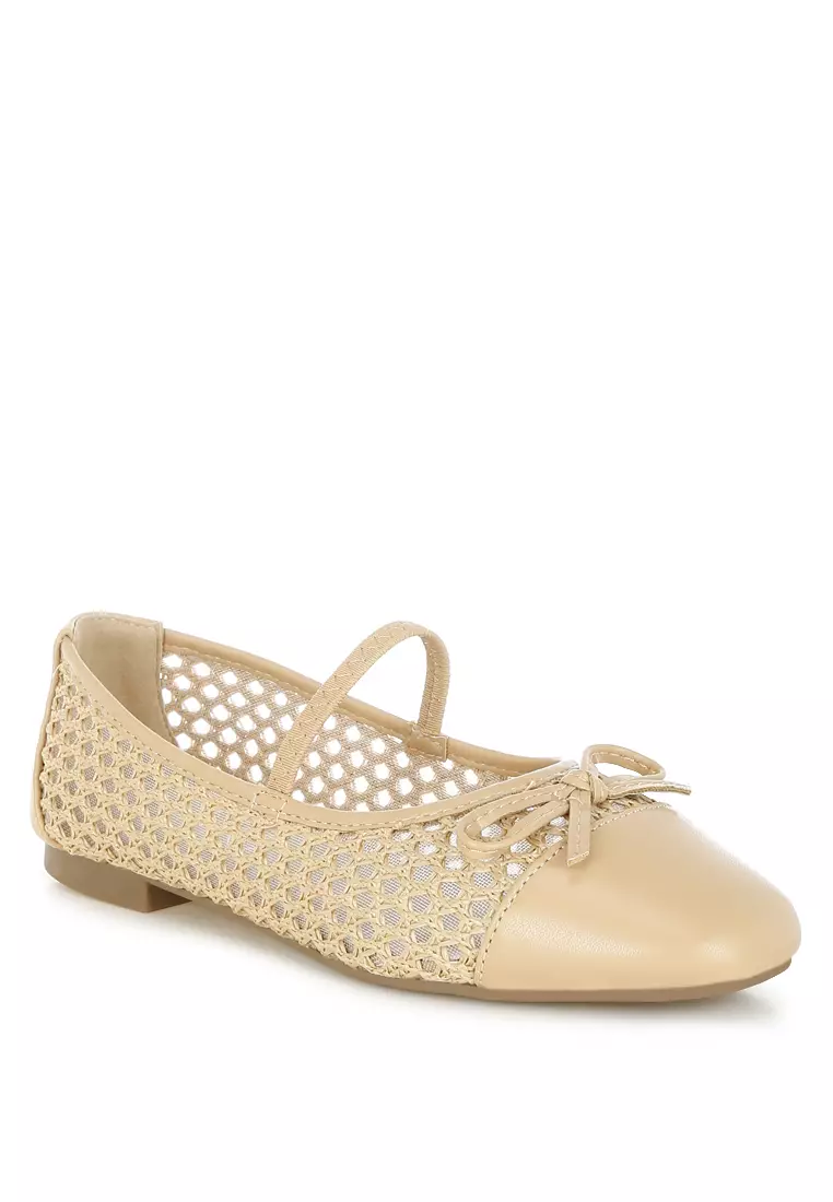 棕褐色編織蝴蝶結細節芭蕾舞平底鞋