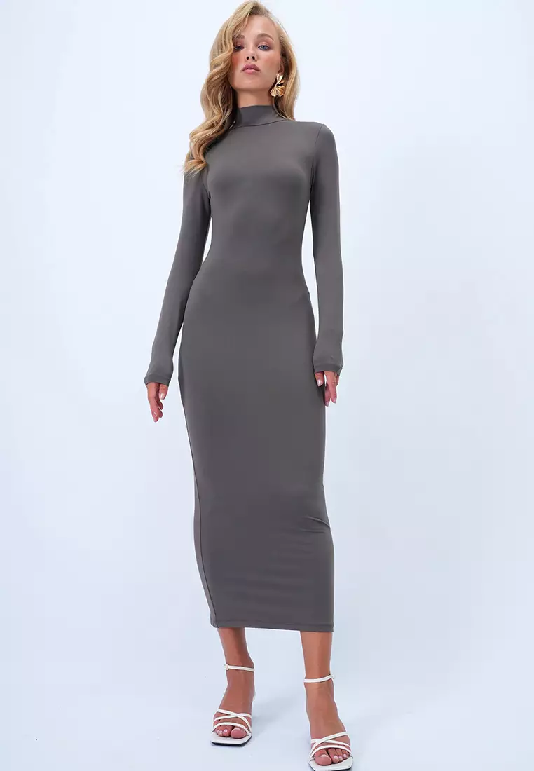 Stand Collar Backless Maxi Length Sandy Dress