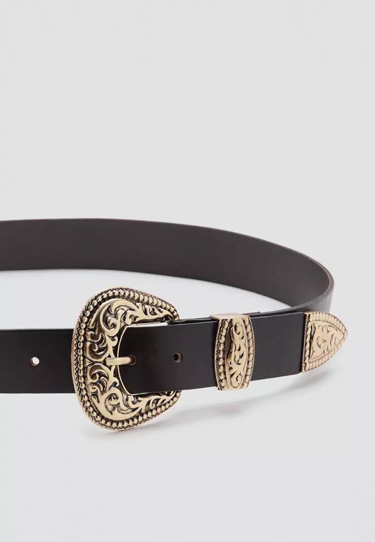 Engraved Buckle Leather Belt