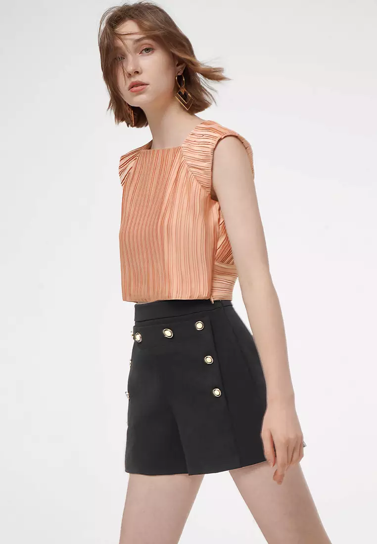 Square Neck Back Cutout Pleated Top