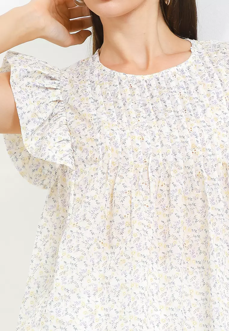 Flounce Sleeve Pintuck Flo Print Eyelet Blouse