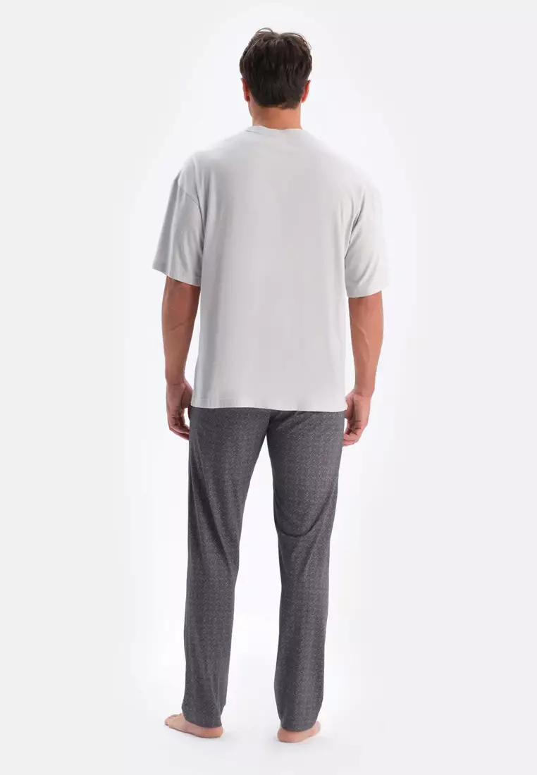 Grey T-Shirt & Trousers Knitwear Set, Crew Neck, Oversize, Long Leg, Short Sleeve Sleepwear for Men