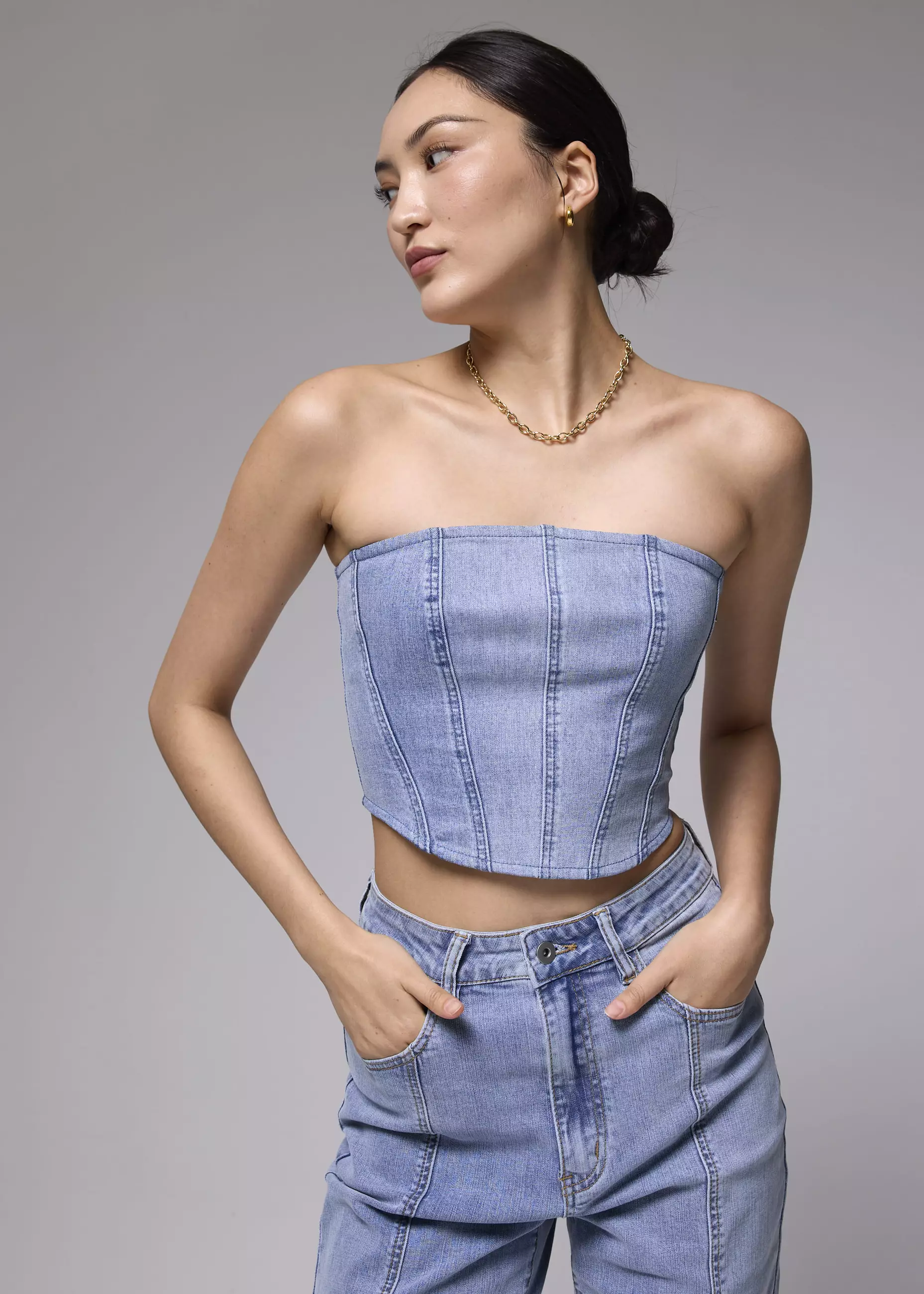 Atasan Wanita - Denim Fitted Crop Tube Top