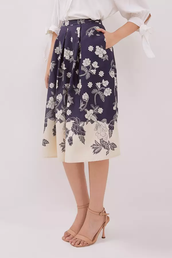 MINIMAL - Arsyana - Rok Katun Motif Bunga  - Dark Navy Warna Navy_Dark