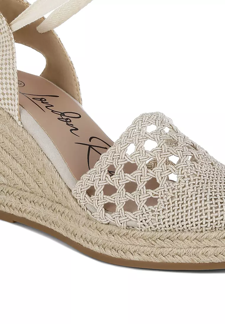 Beige Woven Lace-Up Espadrille Wedges